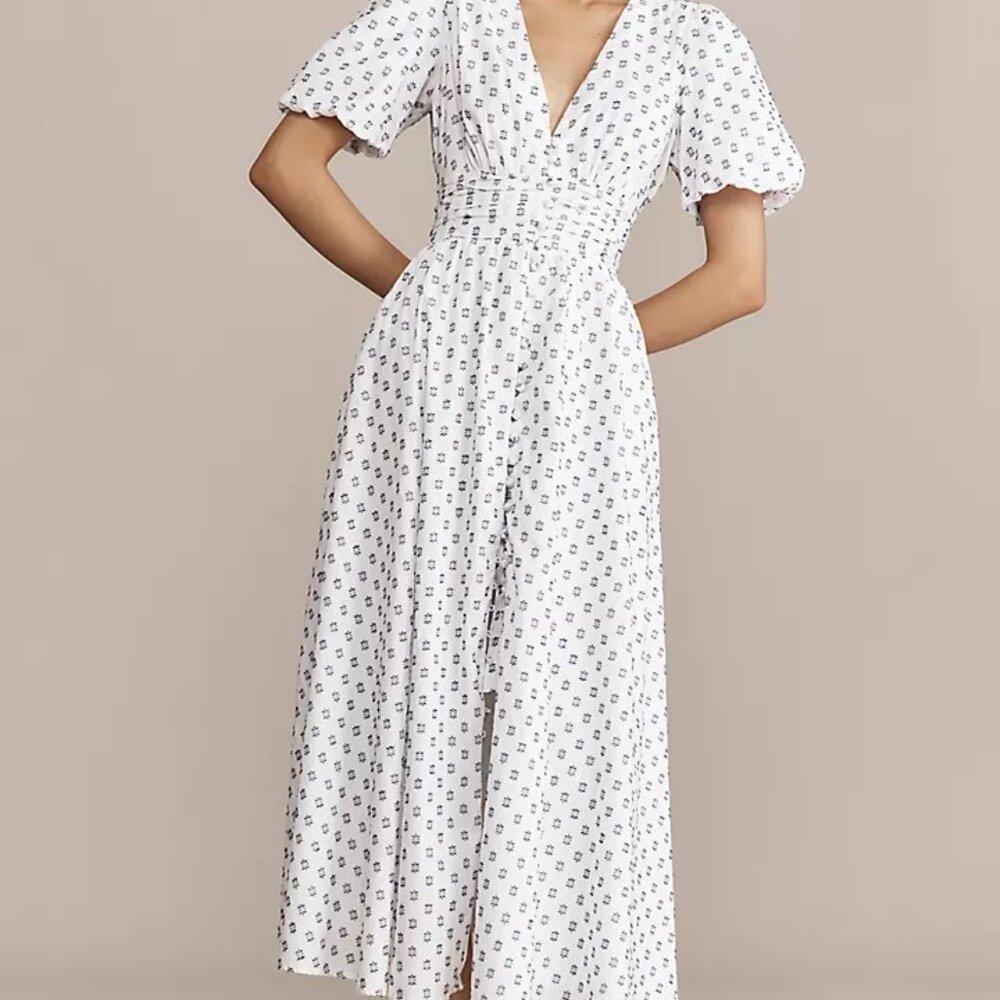 Anthropologie The Katerina Button-Front Dress Textured Edition White Cotton